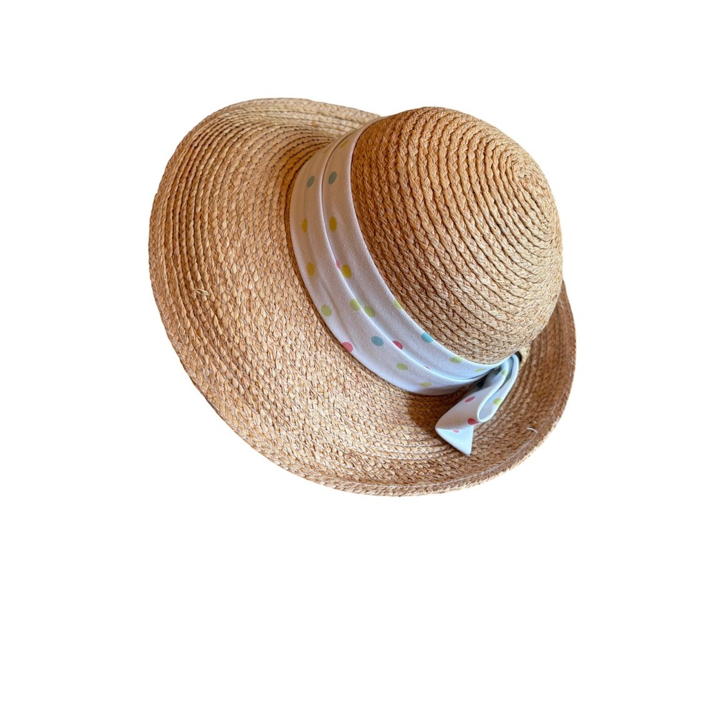 Old County Road Straw Hat Tan Polka Dot Band Sun Hat Wide Brim Bow One Size